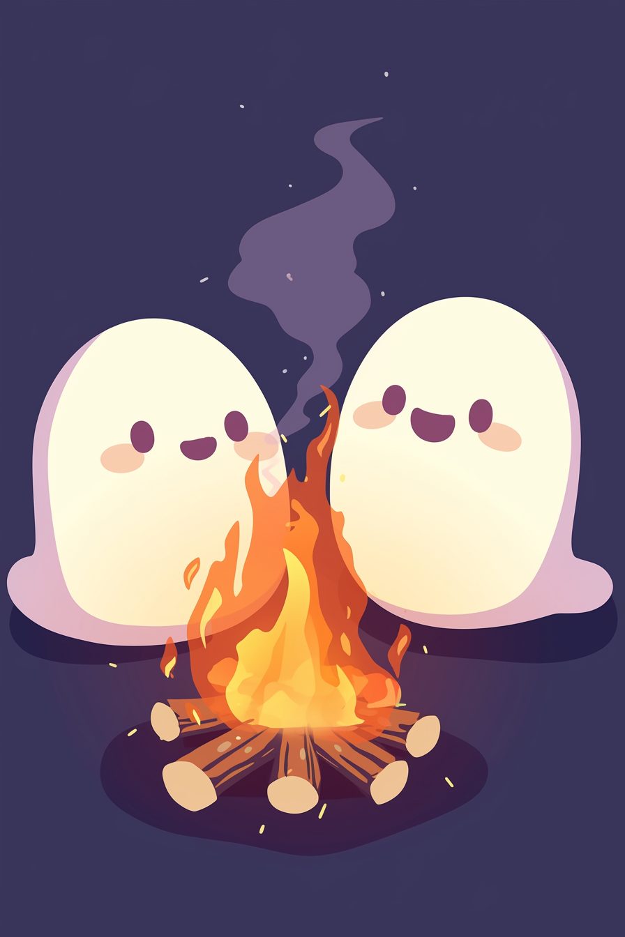 cute halloween drawings for kids depicting two ghost-like figures sharing a cheerful moment around a campfire.